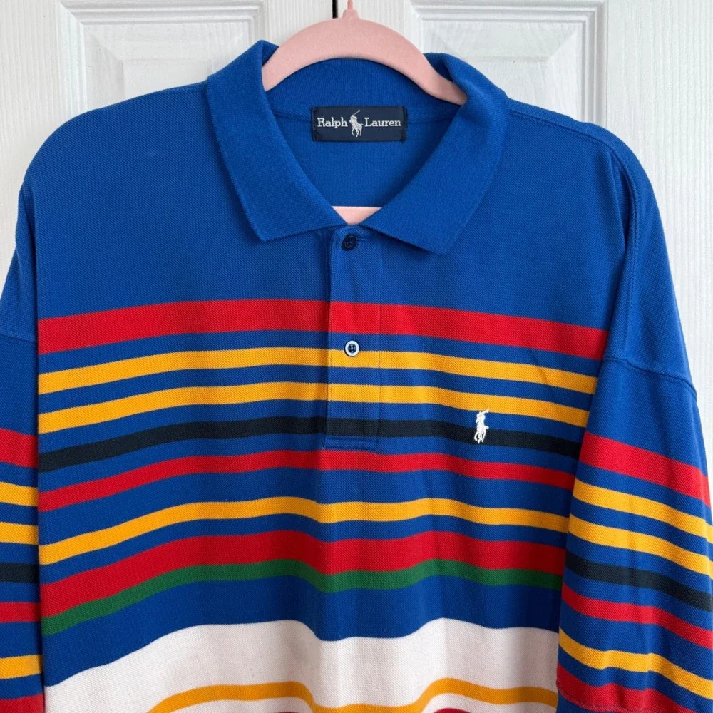 Ralph‎ Lauren Polo Multicolor Striped Rugby Shirt Oversized Blue Mens XL 90s Y2K
